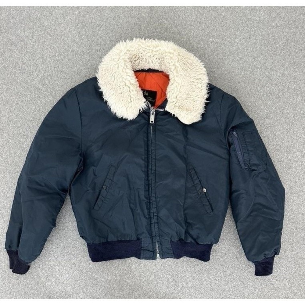 Golden Fleece Bomber Jacket Mens 42 Blue Faux Fur Collar Nylon Military